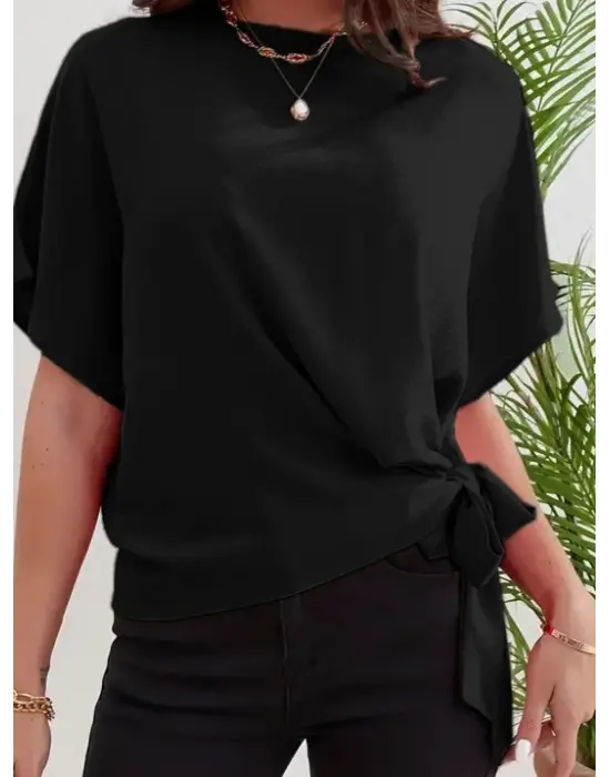 Kadın Kısa Kollu Bisiklet Yaka Yandan Bağlamalı Aerobin Bluz
