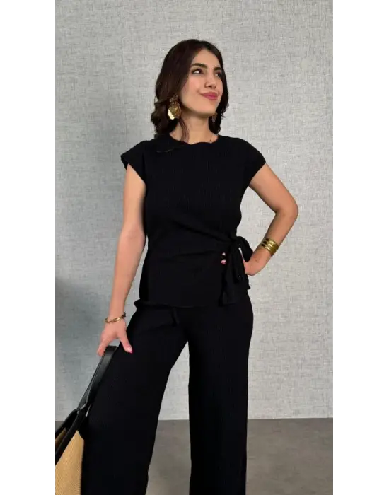 Kadın Kısa Kollu Bisiklet Yaka Yandan Bağlamalı Bürümcük Bluz Ve Pantolon Ikili Takım