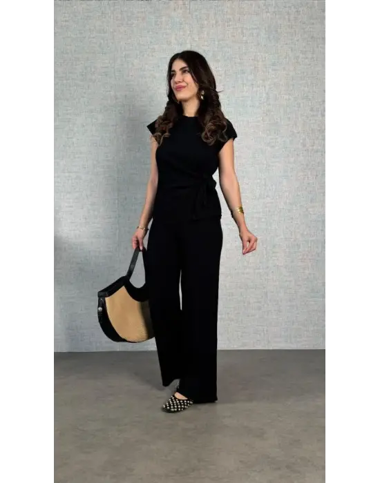 Kadın Kısa Kollu Bisiklet Yaka Yandan Bağlamalı Bürümcük Bluz Ve Pantolon Ikili Takım