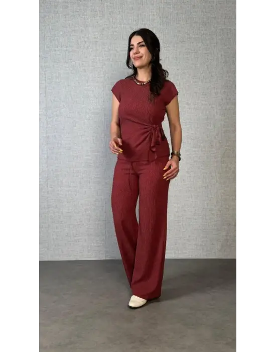 Kadın Kısa Kollu Bisiklet Yaka Yandan Bağlamalı Bürümcük Bluz Ve Pantolon Ikili Takım