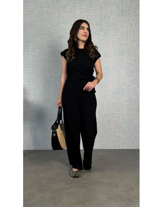 Kadın Kısa Kollu Bisiklet Yaka Yandan Bağlamalı Bürümcük Bluz Ve Pantolon Ikili Takım