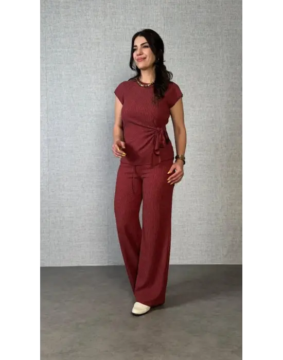 Kadın Kısa Kollu Bisiklet Yaka Yandan Bağlamalı Bürümcük Bluz Ve Pantolon Ikili Takım