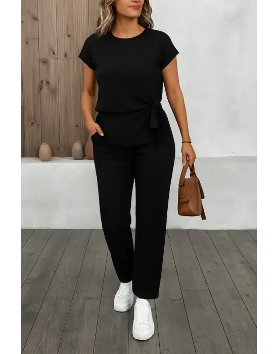 Kadın Kısa Kollu Bisiklet Yaka Yandan Bağlamalı Bürümcük Bluz Ve Pantolon Ikili Takım