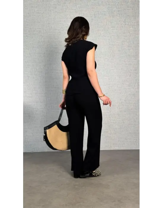 Kadın Kısa Kollu Bisiklet Yaka Yandan Bağlamalı Bürümcük Bluz Ve Pantolon Ikili Takım