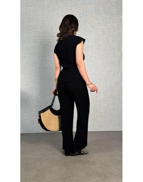 Kadın Kısa Kollu Bisiklet Yaka Yandan Bağlamalı Bürümcük Bluz Ve Pantolon Ikili Takım