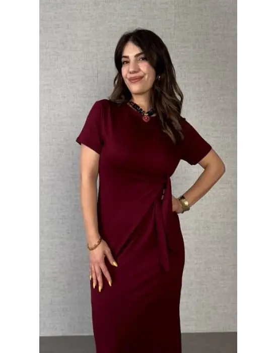 Kadın Kısa Kollu Bisiklet Yaka Yandan Bağlamalı Viskon Iki Iplik Elbise