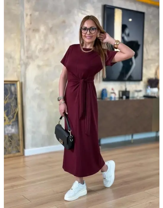 Kadın Kısa Kollu Bisiklet Yaka Yandan Bağlamalı Viskon Iki Iplik Elbise