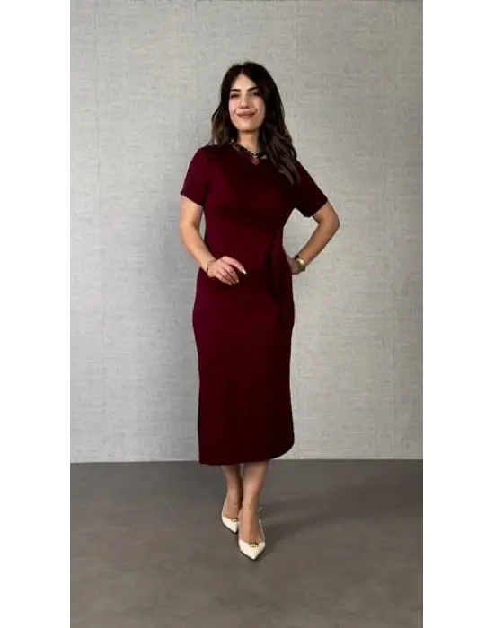 Kadın Kısa Kollu Bisiklet Yaka Yandan Bağlamalı Viskon Iki Iplik Elbise