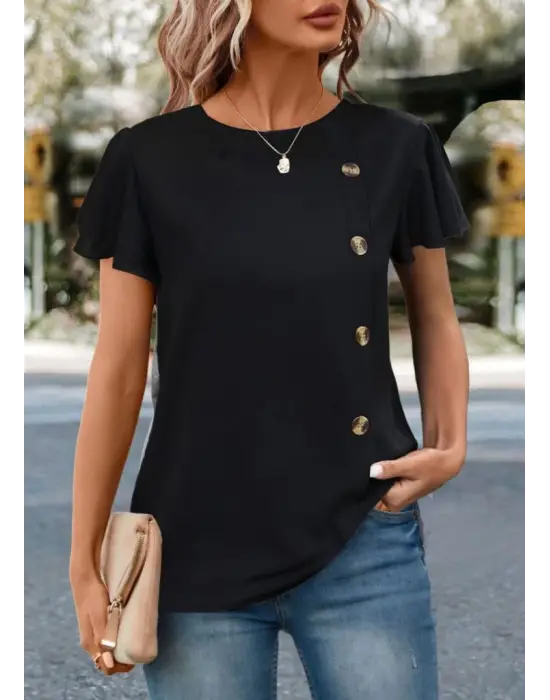 Kadın Kısa Kollu Bisiklet Yaka Yandan Düğmeli Viskon Bluz