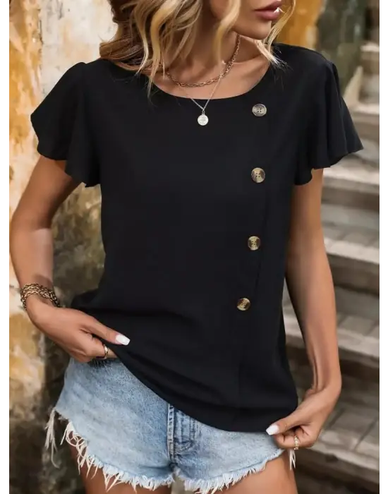 Kadın Kısa Kollu Bisiklet Yaka Yandan Düğmeli Viskon Bluz