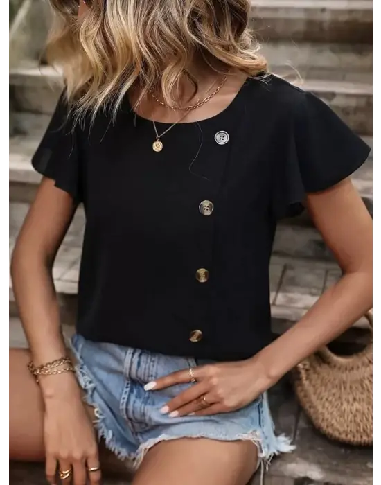 Kadın Kısa Kollu Bisiklet Yaka Yandan Düğmeli Viskon Bluz