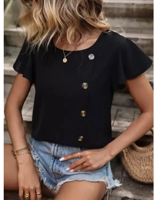 Kadın Kısa Kollu Bisiklet Yaka Yandan Düğmeli Viskon Bluz