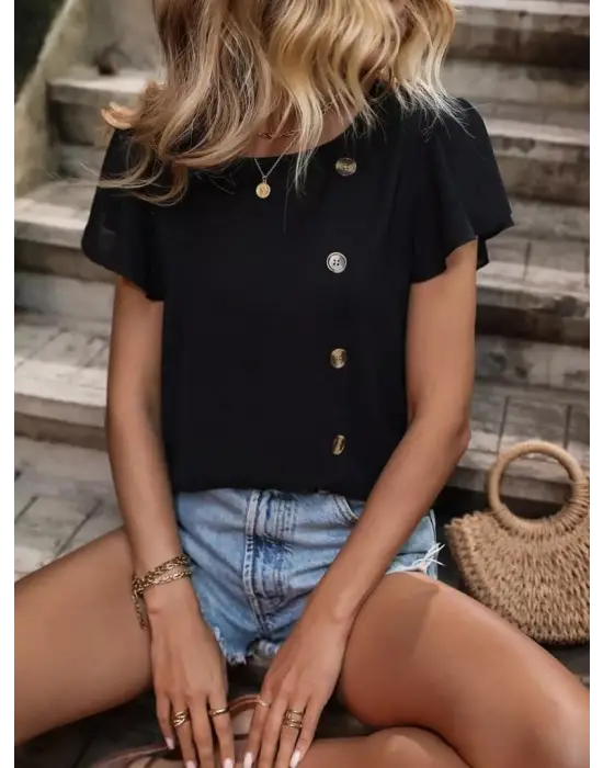 Kadın Kısa Kollu Bisiklet Yaka Yandan Düğmeli Viskon Bluz