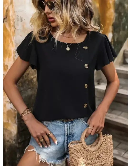 Kadın Kısa Kollu Bisiklet Yaka Yandan Düğmeli Viskon Bluz