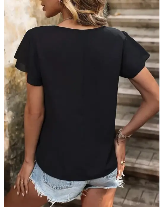 Kadın Kısa Kollu Bisiklet Yaka Yandan Düğmeli Viskon Bluz