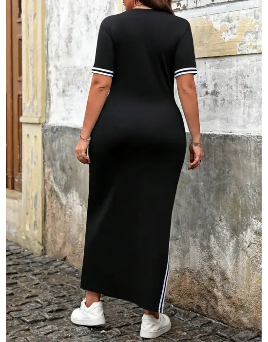 Kadın Kısa Kollu Bisiklet Yaka Yandan şerit Ve Yırtmaçlı Viskon Iki Iplik Elbise