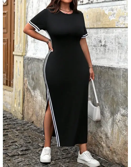 Kadın Kısa Kollu Bisiklet Yaka Yandan şerit Ve Yırtmaçlı Viskon Iki Iplik Elbise