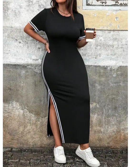 Kadın Kısa Kollu Bisiklet Yaka Yandan şerit Ve Yırtmaçlı Viskon Iki Iplik Elbise