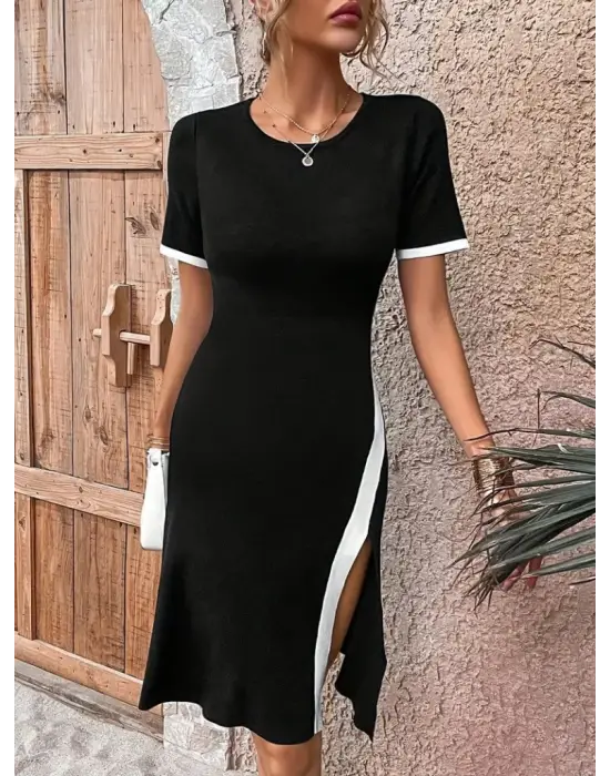 Kadın Kısa Kollu Bisiklet Yaka Yandan Yırtmaçlı Renkli şerit Detay Janjan Krep Elbise