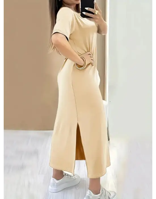 Kadın Kısa Kollu Bisiklet Yaka Yandan Yırtmaçlı Viskon Elbise