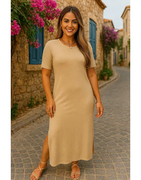 Kadın Kısa Kollu Bisiklet Yaka Yandan Yırtmaçlı Viskon Elbise