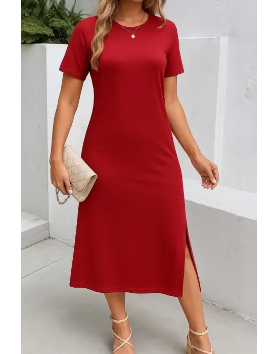 Omarı Yandan Yırtmaçlı Viskon Elbise