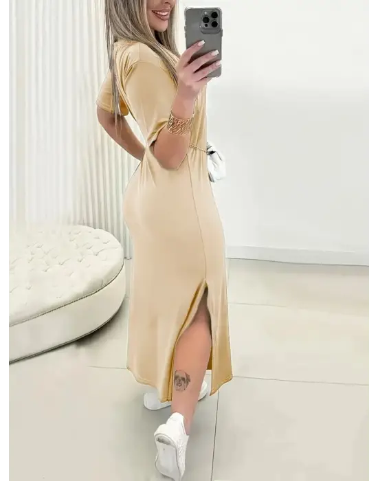 Kadın Kısa Kollu Bisiklet Yaka Yandan Yırtmaçlı Viskon Elbise