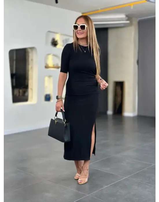 Kadın Kısa Kollu Bisiklet Yaka Yandan Yırtmaçlı Viskon Iki Iplik Elbise