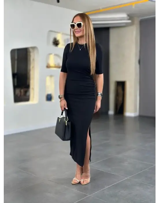 Kadın Kısa Kollu Bisiklet Yaka Yandan Yırtmaçlı Viskon Iki Iplik Elbise