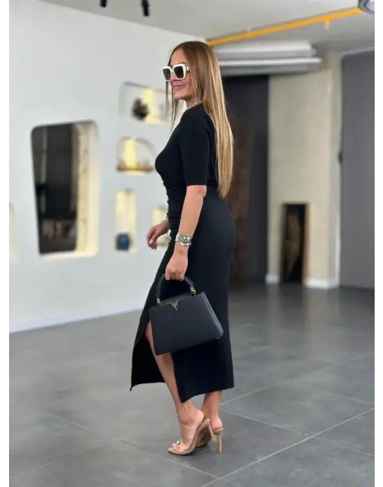 Kadın Kısa Kollu Bisiklet Yaka Yandan Yırtmaçlı Viskon Iki Iplik Elbise