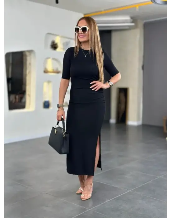 Kadın Kısa Kollu Bisiklet Yaka Yandan Yırtmaçlı Viskon Iki Iplik Elbise