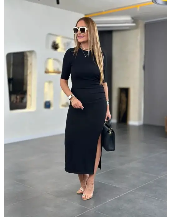 Kadın Kısa Kollu Bisiklet Yaka Yandan Yırtmaçlı Viskon Iki Iplik Elbise