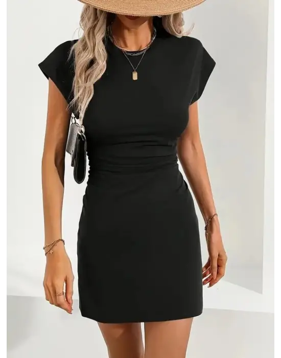 Kadın Kısa Kollu Bisiklet Yaka Yanlardan Büzgülü Kısa Janjan Krep Elbise