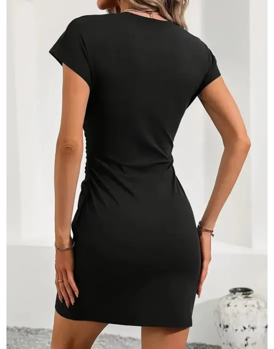 Omarı Trendy Bisiklet Yaka Yanları Büzgülü Kısa Elbise