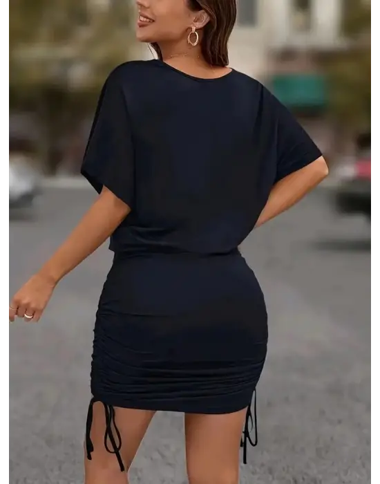 Kadın Kısa Kollu Bisiklet Yaka Yanlardan Büzgülü Kısa Viskon Elbise