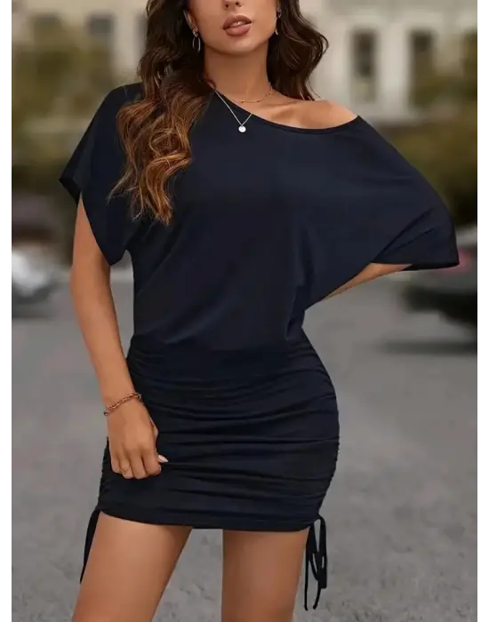 Kadın Kısa Kollu Bisiklet Yaka Yanlardan Büzgülü Kısa Viskon Elbise
