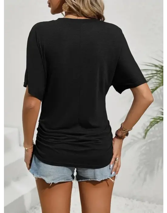 Kadın Kısa Kollu Bisiklet Yaka Yanları Büzgü Detay Yarasa Kol Viskon Bluz