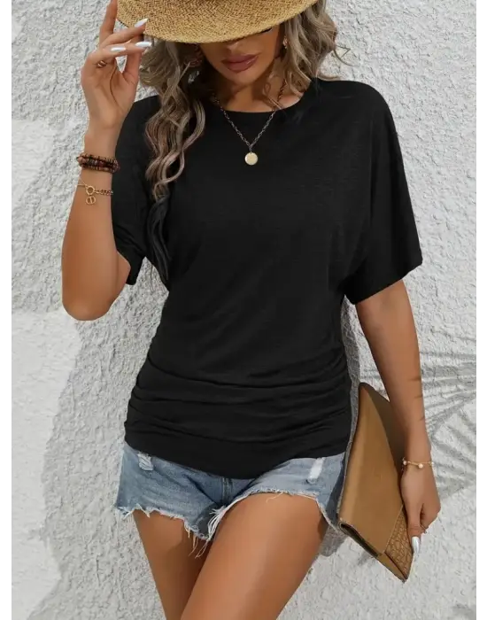 Kadın Kısa Kollu Bisiklet Yaka Yanları Büzgü Detay Yarasa Kol Viskon Bluz