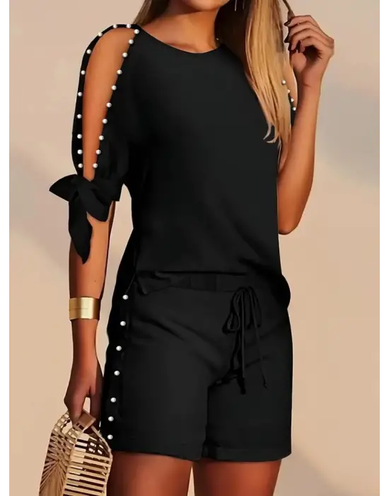 Kadın Kısa Kollu Bisiklet Yaka Yarı Açık Omuz Inci Detaylı Short T-shirt Viskon Ikili Takım
