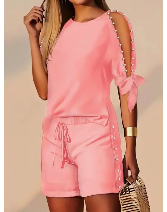 Kadın Kısa Kollu Bisiklet Yaka Yarı Açık Omuz Inci Detaylı Short T-shirt Viskon Ikili Takım