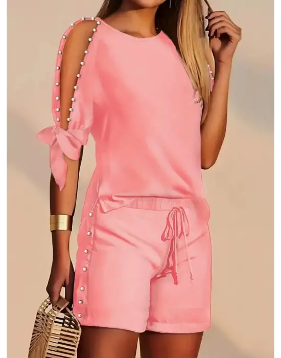Kadın Kısa Kollu Bisiklet Yaka Yarı Açık Omuz Inci Detaylı Short T-shirt Viskon Ikili Takım