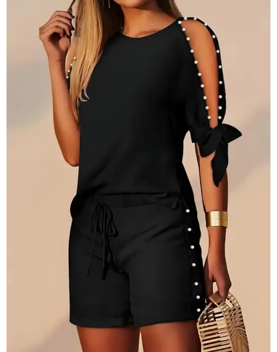 Kadın Kısa Kollu Bisiklet Yaka Yarı Açık Omuz Inci Detaylı Short T-shirt Viskon Ikili Takım