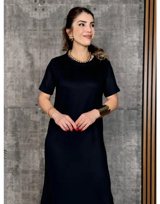 Kadın Kısa Kollu Bisiklet Yaka Yırtmaçlı Viskon Iki Iplik Elbise