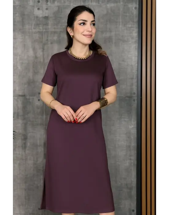 Omarı Yırtmaçlı Viskon Elbise - Kadın Kısa Kollu Bisiklet Yaka