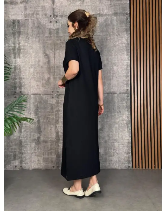 Kadın Kısa Kollu Bisiklet Yaka Yırtmaçlı Viskon Iki Iplik Elbise