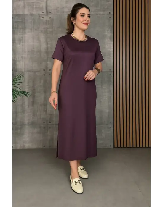 Omarı Yırtmaçlı Viskon Elbise - Kadın Kısa Kollu Bisiklet Yaka