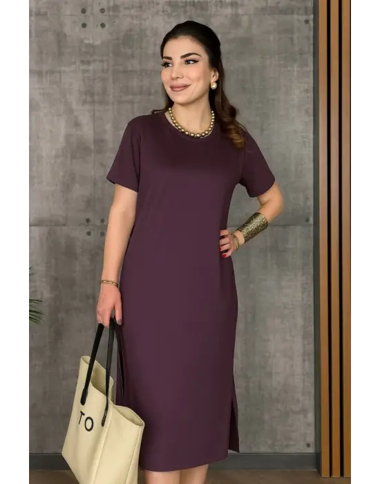 Kadın Kısa Kollu Bisiklet Yaka Yırtmaçlı Viskon Iki Iplik Elbise