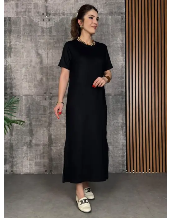 Kadın Kısa Kollu Bisiklet Yaka Yırtmaçlı Viskon Iki Iplik Elbise