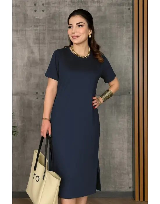 Kadın Kısa Kollu Bisiklet Yaka Yırtmaçlı Viskon Iki Iplik Elbise