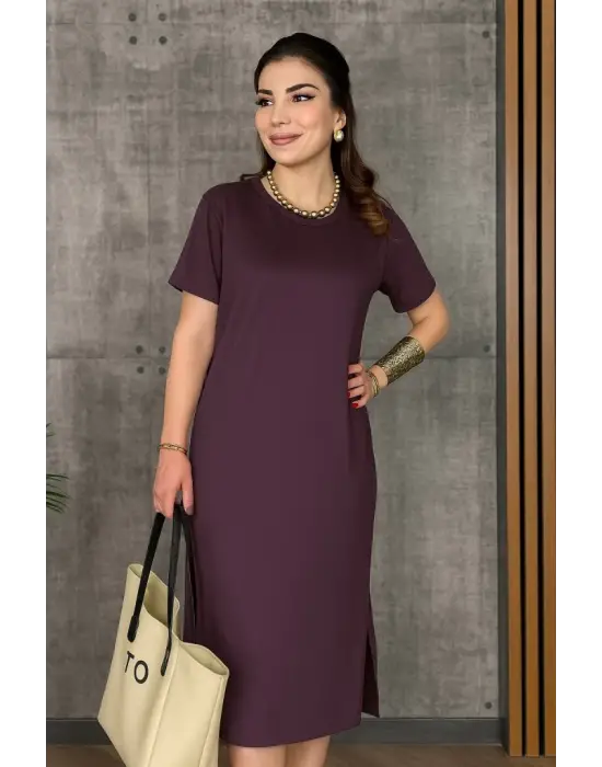 Omarı Yırtmaçlı Viskon Elbise - Kadın Kısa Kollu Bisiklet Yaka